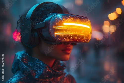 Wearing A VR Headset With Glowing Neon Light