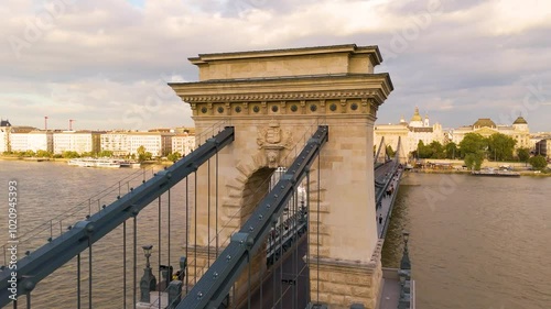 Hungary, Budapest. Top cinematic aerial view. Cozy European city. Danube river 