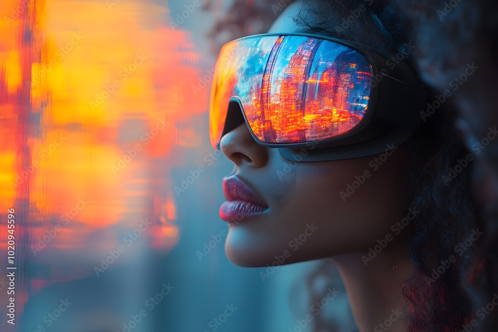 Woman Using VR Headset for Virtual Travel Woman Using VR Headset for Virtual Travel