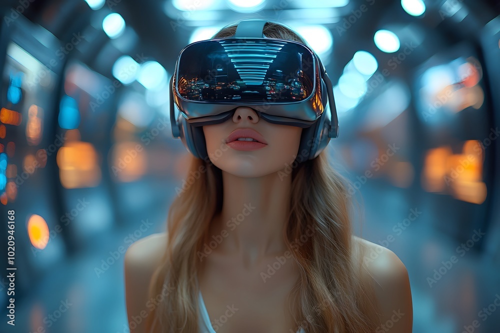 Fashionable Woman Wearing A Sleek VR Headset Fashionable Woman Wearing A Sleek VR Headset