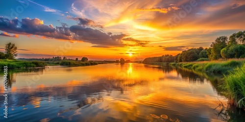 Sunset casting a warm glow over a peaceful river , nature, beauty, tranquil, reflection, dusk, evening, water, orange, sky