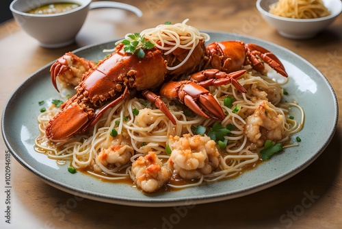 A plate of cantonese style lobster in ginger and scallion sauce served with crispy noodles, Ai Generated photo