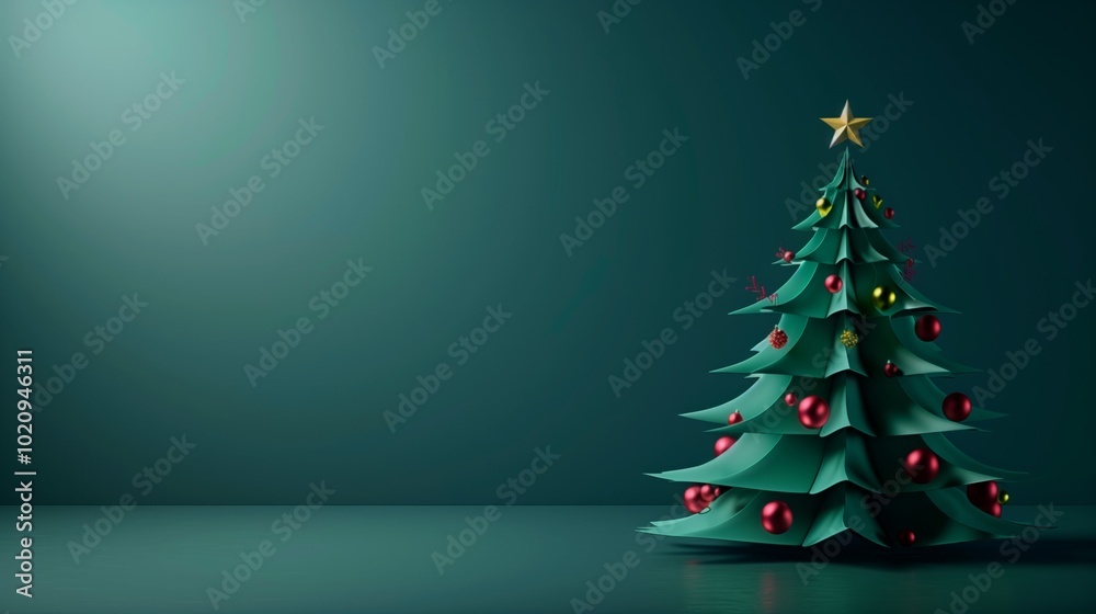 A stylized illustration of a decorated Christmas tree with red and gold ornaments on a teal background. A stylized illustration of a decorated Christmas tree with red and gold ornaments on a teal background.