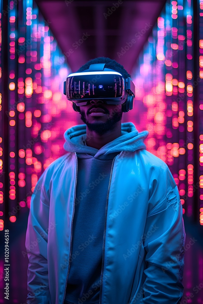 Man Wearing VR Headset in Futuristic Room Man Wearing VR Headset in Futuristic Room
