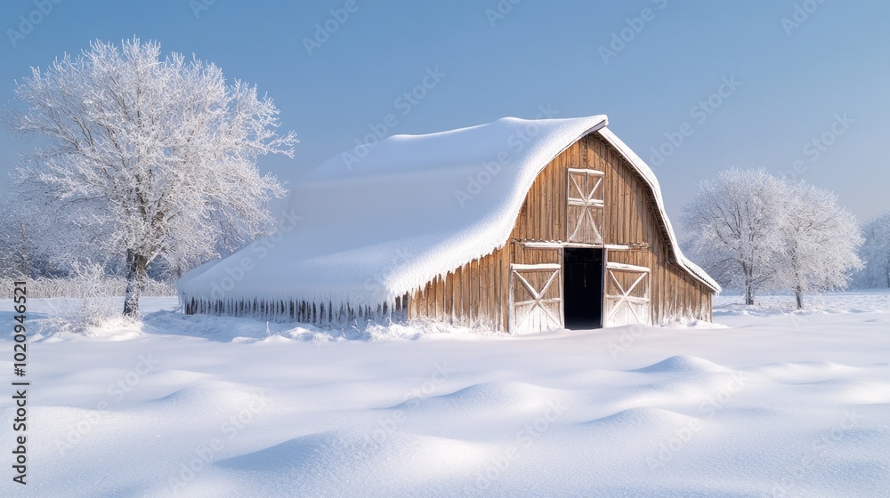 Snow-covered barn in a serene winter landscape. Snow-covered barn in a serene winter landscape.