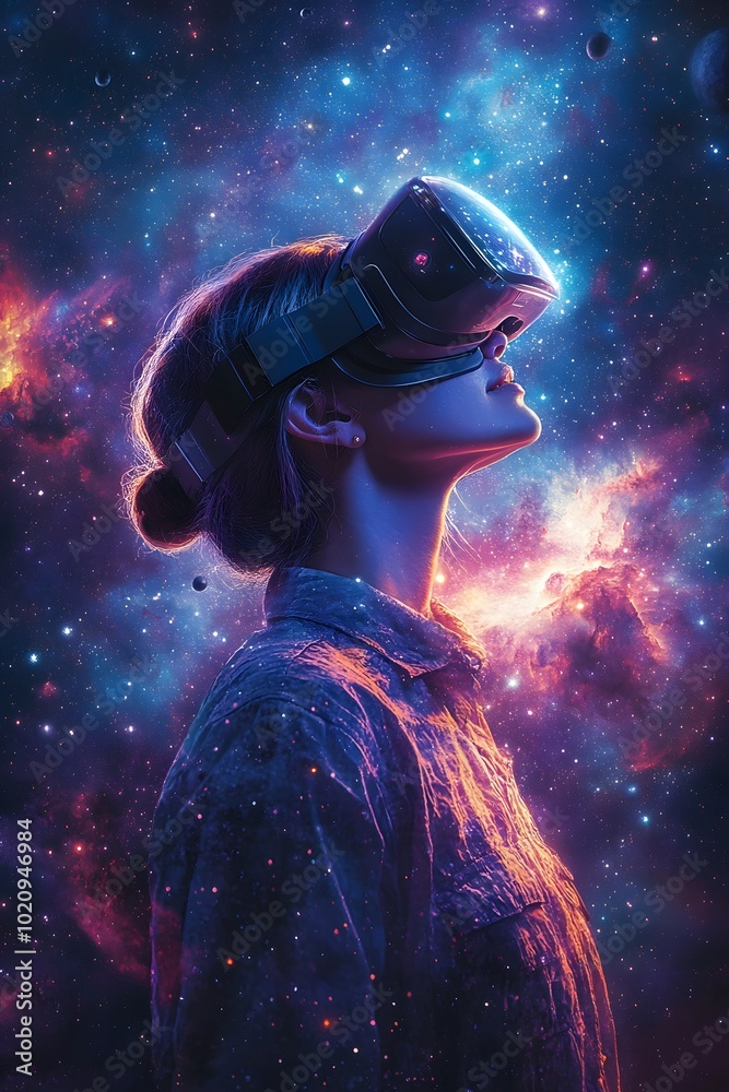 Person Wearing A VR Headset, Immersed In A Virtual Space Exploration Experience Person Wearing A VR Headset, Immersed In A Virtual Space Exploration Experience