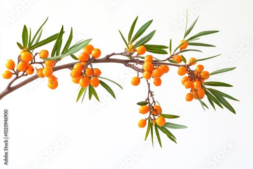 A branch featuring orange berries and green leaves
