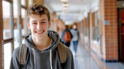 Portrait of handsome young university student standing and leaning to a wall in college corridor with other students at the back. Caucasian male student in high school campus.