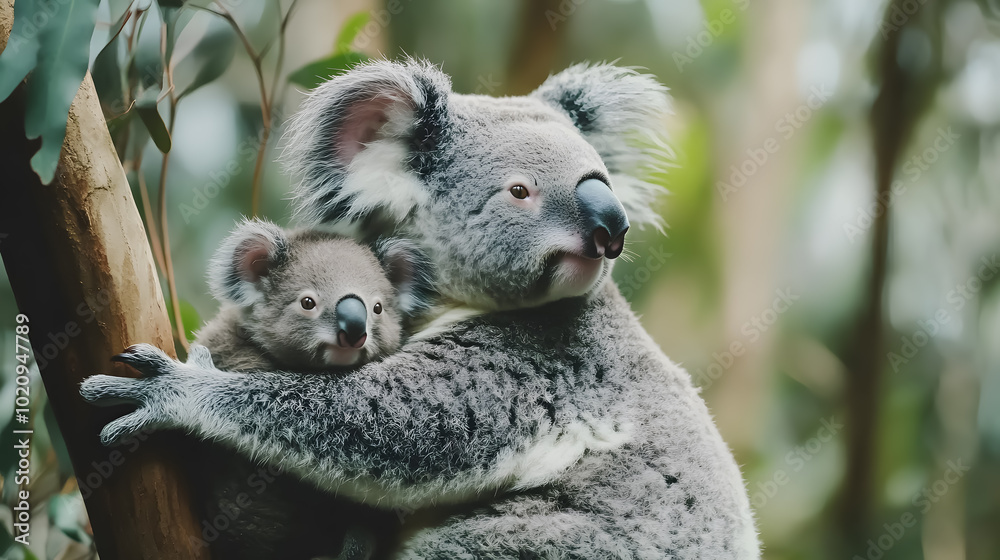 Fototapeta premium Mother koala with baby on her back.