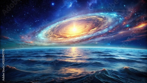 A mesmerizing image of a galaxy igniting within a vast ocean, celestial sphere, galaxy, ignite, ocean, stars, space