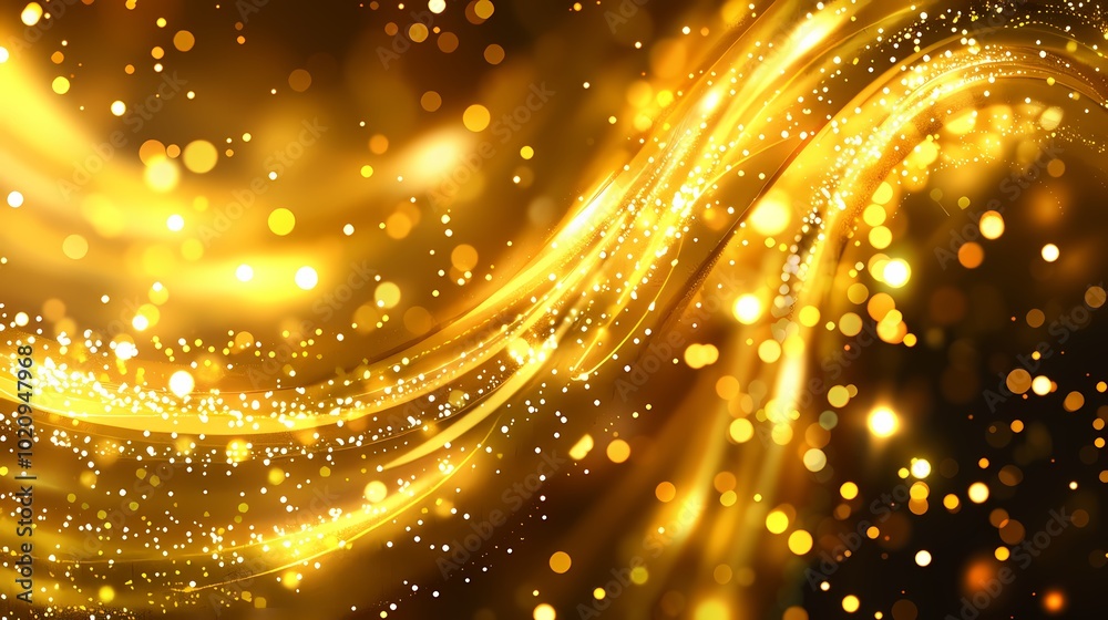 Obraz premium Golden waves interspersed with sparkling lights create a mesmerizing, dynamic visual effect.