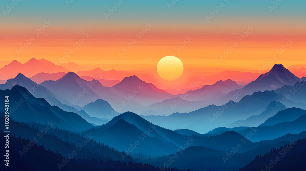 Fototapeta premium Mountain Landscape at Sunset: A picturesque mountain landscape bathed in the warm hues of sunset, showcasing the beauty of the rugged terrain.