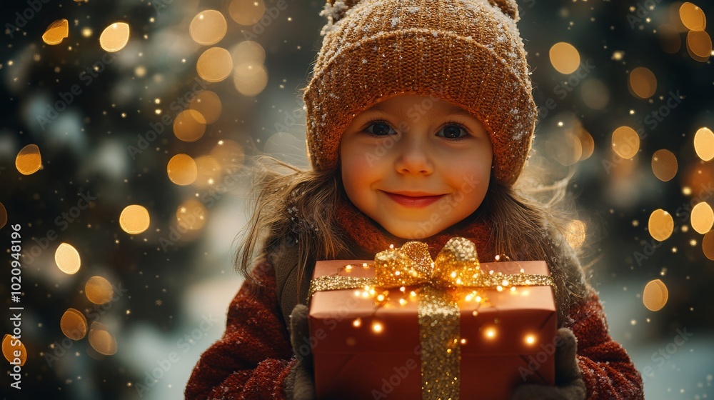 A happy child joyfully opening a magical gift box during the festive holiday season A happy child joyfully opening a magical gift box during the festive holiday season