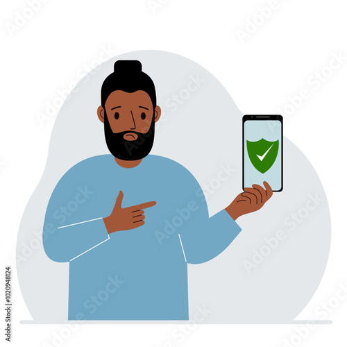A man holds in his hand a mobile phone on which antivirus software is installed. Vector flat illustration