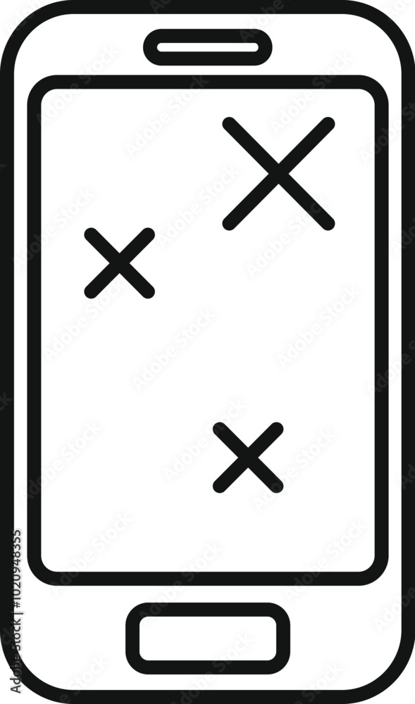 Smartphone showing three cross marks on the screen, in black and white Smartphone showing three cross marks on the screen, in black and white