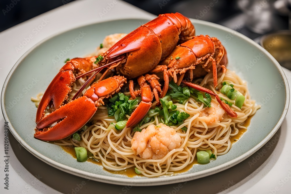 A plate of cantonese style lobster in ginger and scallion sauce served with crispy noodles, Ai Generated A plate of cantonese style lobster in ginger and scallion sauce served with crispy noodles, Ai Generated