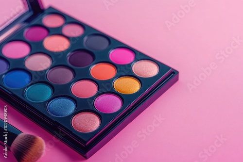 A detailed view of a makeup palette with a brush, great for beauty and cosmetics advertising or product demonstrations