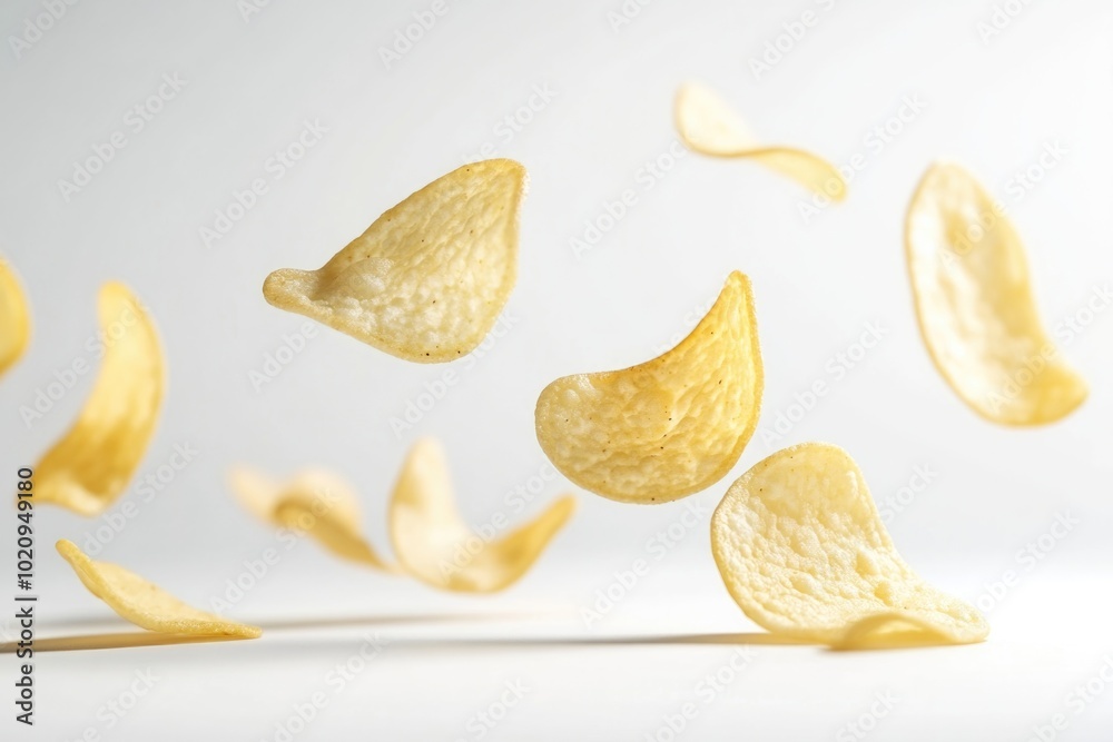 A pile of potato chips falling through the air, perfect for adding a playful touch to your design or presentation A pile of potato chips falling through the air, perfect for adding a playful touch to your design or presentation