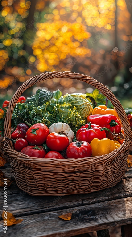 A garden-fresh assembly of tomatoes, bell peppers, garlic, and cabbage in a wicker basket, placed on a wooden table with a background of soft autumn hues.