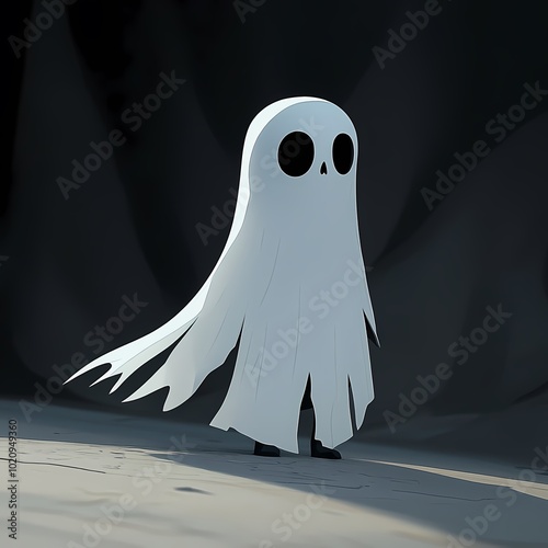 A stylized ghost character with large eyes and a flowing white sheet-like body. photo