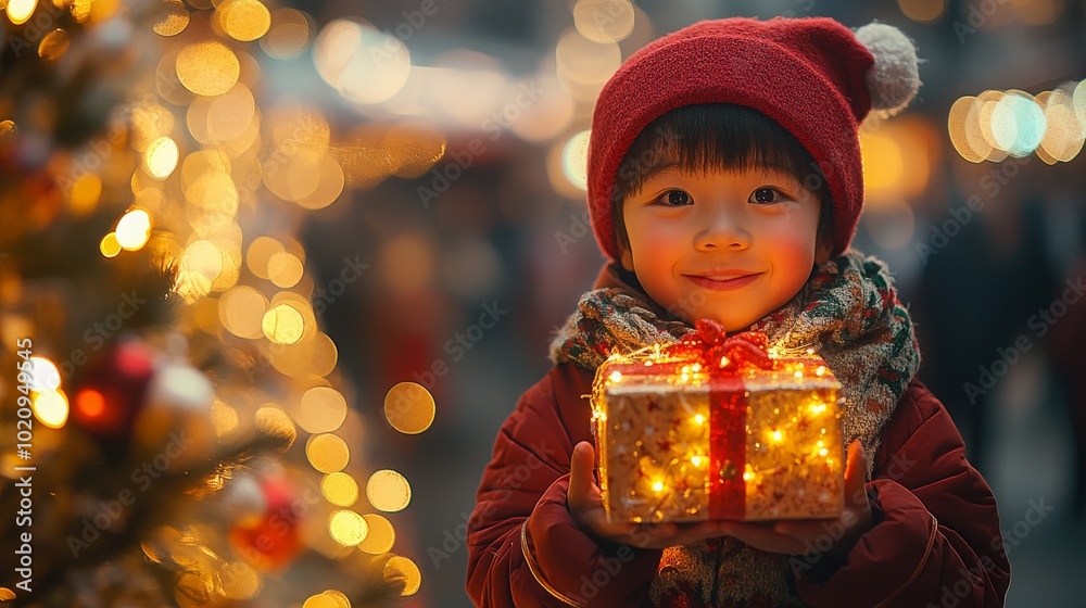 Cheerful East Asian boy in festive red hat holds a glowing gift surrounded by holiday lights Cheerful East Asian boy in festive red hat holds a glowing gift surrounded by holiday lights