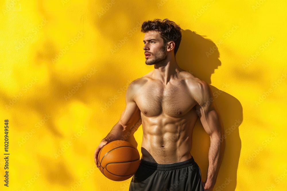 A person holding a basketball in front of a bright yellow background, suitable for sports or fitness themed projects A person holding a basketball in front of a bright yellow background, suitable for sports or fitness themed projects