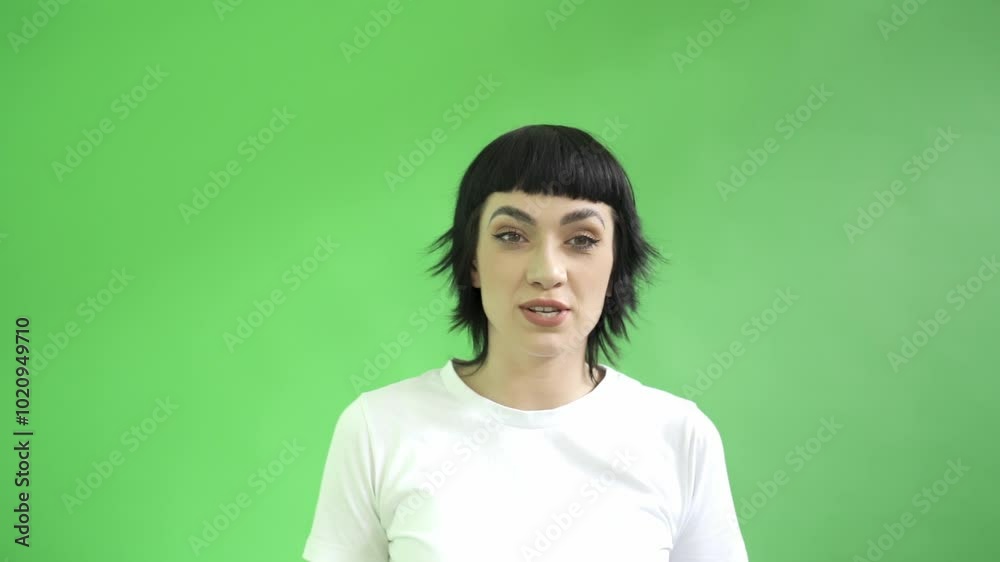 Engaging portrait of a young woman discussing creativity in front of a vibrant green backdrop Engaging portrait of a young woman discussing creativity in front of a vibrant green backdrop
