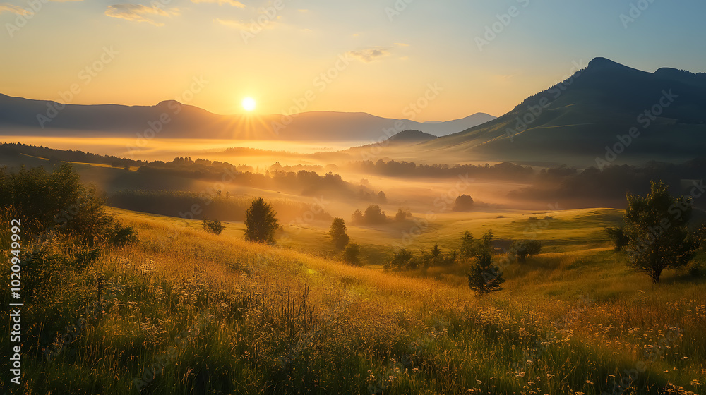 Fototapeta premium Mountain Valley During Sunrise: A stunning sunrise view of a mountain valley, with warm light illuminating the natural beauty of the landscape.