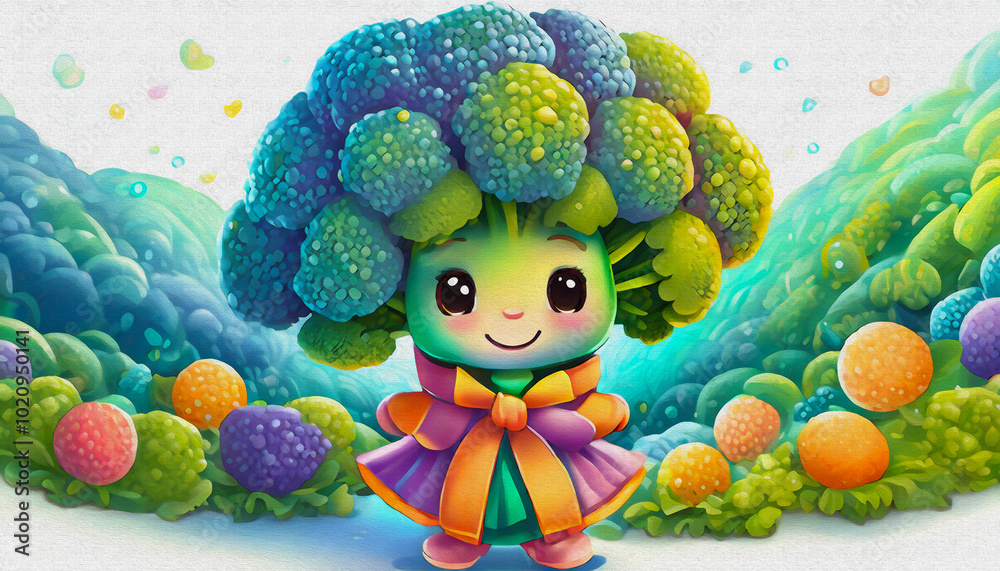 Naklejka premium oil painting style CARTOON CHARACTER CUTE BABY broccoli isolated on white background, top view. side front view