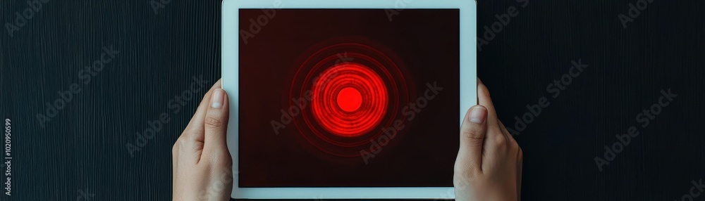A person holds a tablet displaying a glowing red circle against a dark background, suggesting a tech or gaming context. A person holds a tablet displaying a glowing red circle against a dark background, suggesting a tech or gaming context.
