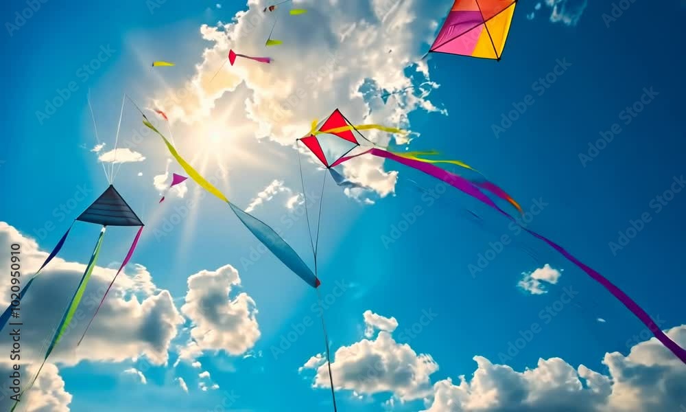 A colorful array of kites are flying in the sky on a sunny day Video