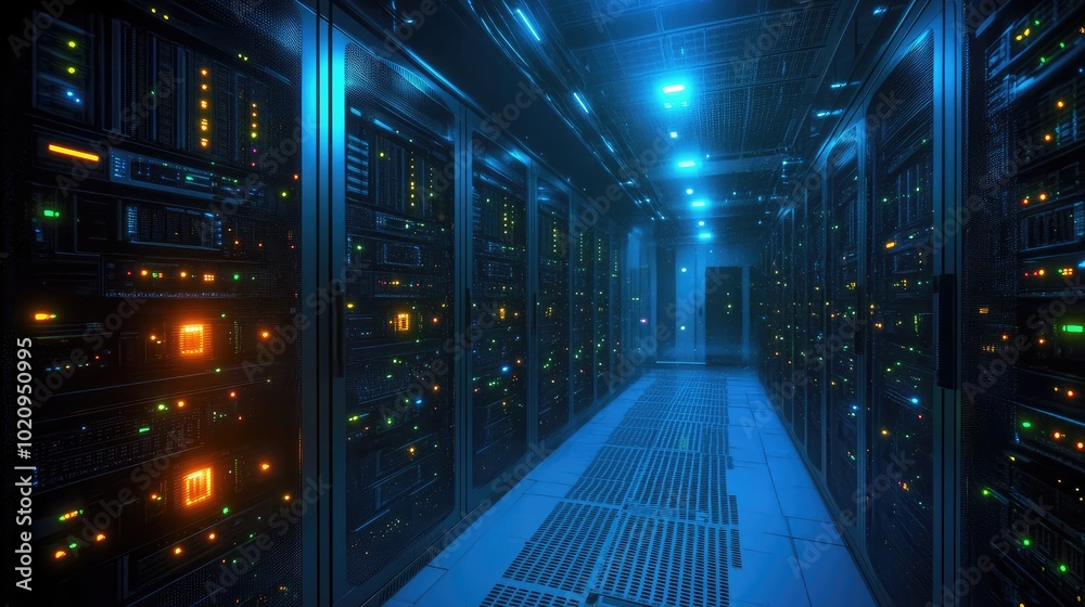 Modern Data Center with Blue and Green Lighting Effects Modern Data Center with Blue and Green Lighting Effects