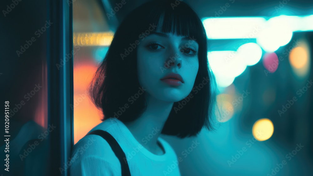 Silhouette of a woman against city lights, double exposure effect Silhouette of a woman against city lights, double exposure effect
