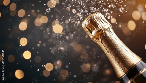 Champagne bottle opening, with sparkling bubbles on a dark background. photo