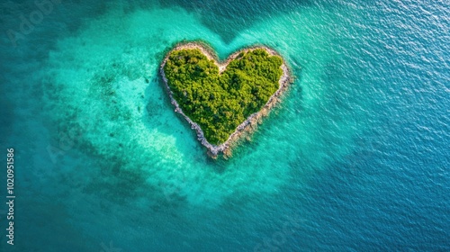An island in the ocean with heart-shaped palm trees, top view