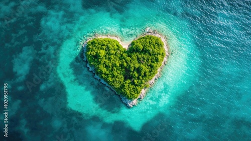 An island in the ocean with heart-shaped palm trees, top view photo