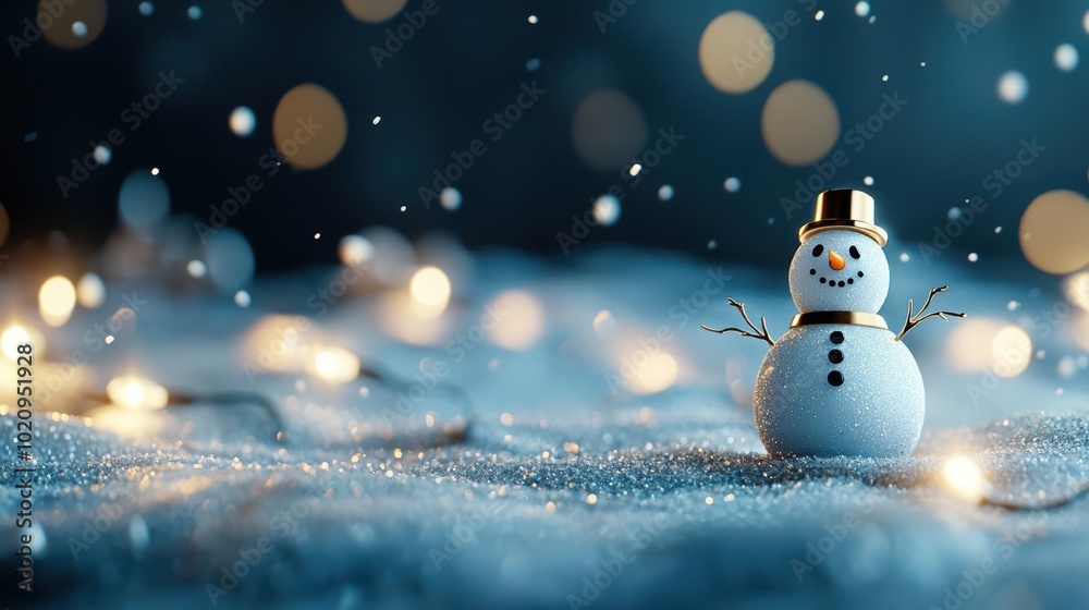 Cheerful snowman on a snowy surface with twinkling lights in a festive winter setting. Cheerful snowman on a snowy surface with twinkling lights in a festive winter setting.