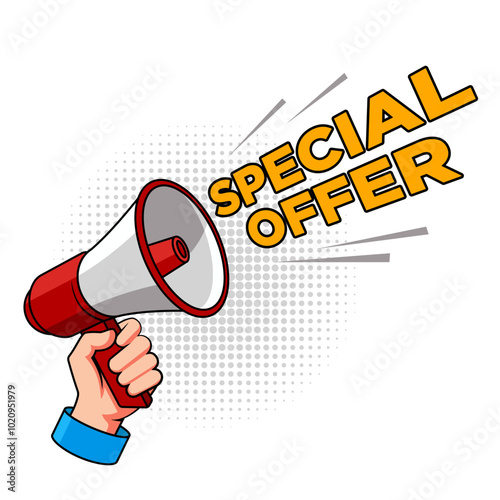 Hand hold megaphone with special offer text illustration. Suitable for marketing and promotion banner.