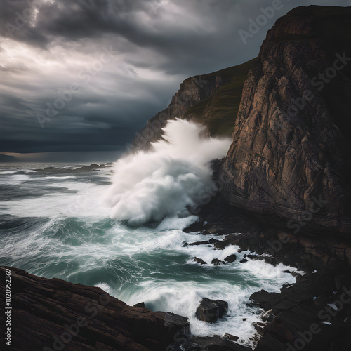 A dramatic shot of a thunderstorm rolling over a rocky coastline, with waves crashing against the cliffs - Generative AI