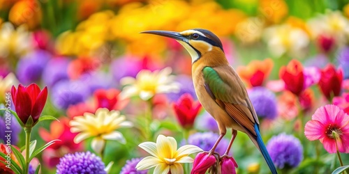 A bird with a long beak standing among colorful flowers in a garden , bird, long beak, garden, flowers, nature, wildlife photo