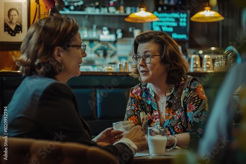 Two women engage in an intimate conversation at a cozy café, seated at a comfortable booth with warm lighting, creating an inviting and relaxed atmosphere.