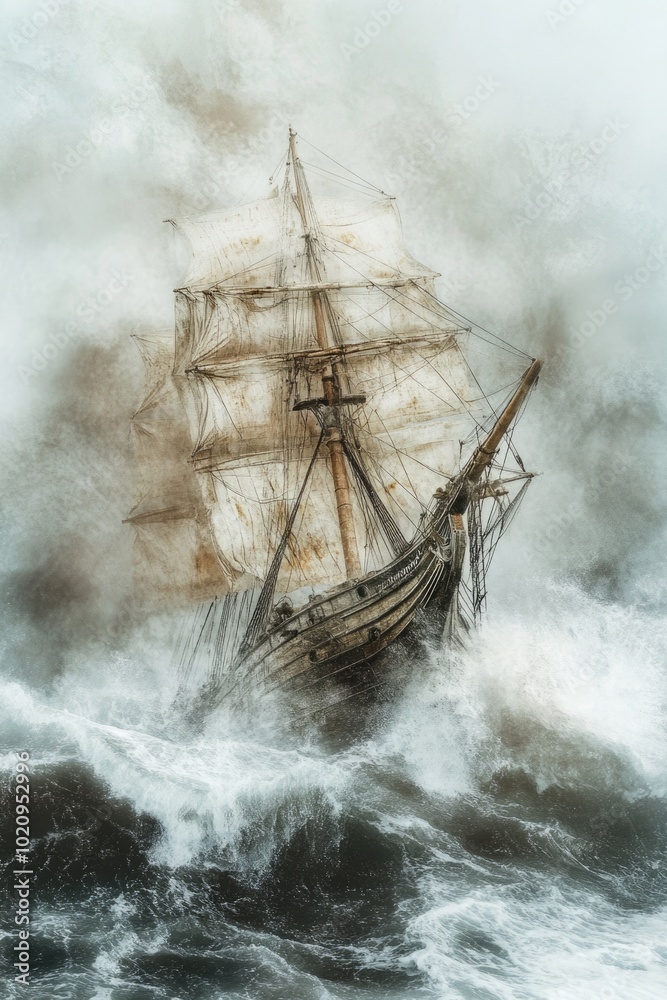 Obraz premium A big vessel navigates through turbulent waters on a gloomy day