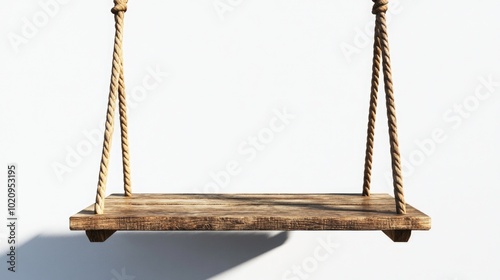 A wooden swing hangs from a white wall, perfect for indoor or outdoor use photo