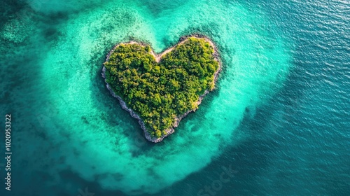 An island in the ocean with heart-shaped palm trees, top view