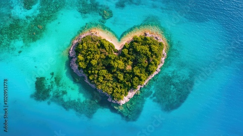 An island in the ocean with heart-shaped palm trees, top view