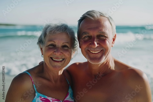 A couple is smiling and posing for a picture on the beach. The woman is wearing a blue tank top and the man is wearing a white shirt. Scene is happy and relaxed