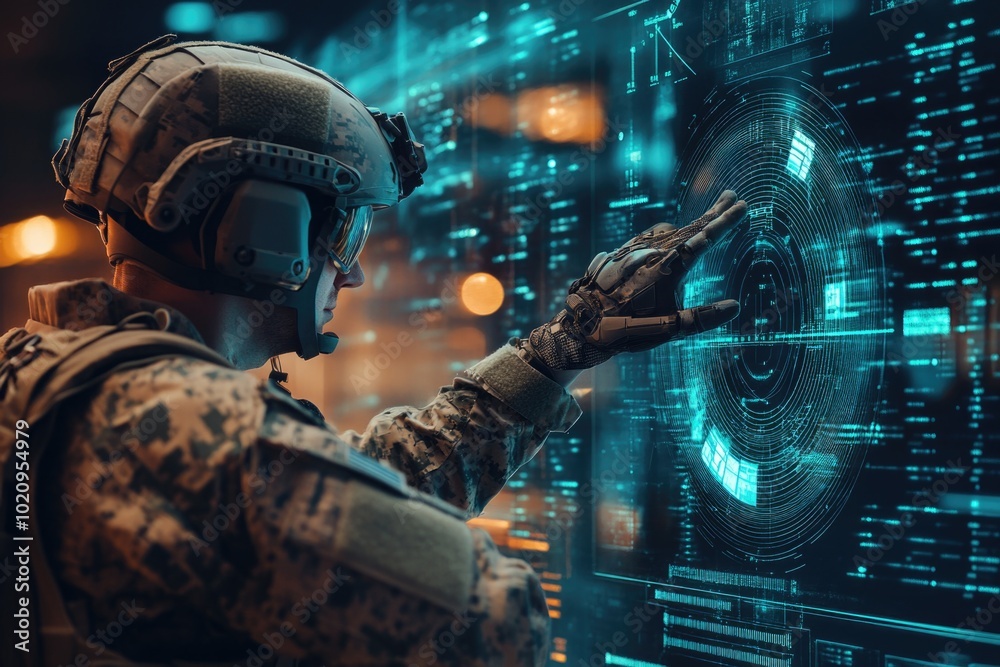 A military officer sitting in front of a computer, reviewing data or information A military officer sitting in front of a computer, reviewing data or information