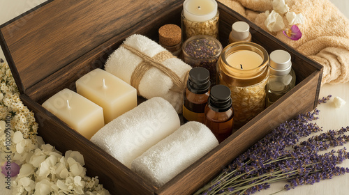 A luxury spa gift set in an elegant wooden box, featuring scented candles, bath oils, and a soft towel, surrounded by lavender sprigs and rose petals. Soft lighting enhances the serene atmosphere 