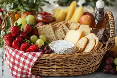 Gourmet gift set in a wicker basket with artisanal treats like fine cheeses, crackers, honey, and chocolates, lined with a red and white checkered cloth. Fresh fruit adds vibrancy