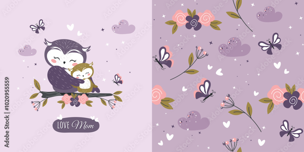 A delicate background with a cute owl and her baby and a seamless hand-drawn floral pattern. Vector design for baby bedding, fabric, wallpaper, wrapping paper and more. A delicate background with a cute owl and her baby and a seamless hand-drawn floral pattern. Vector design for baby bedding, fabric, wallpaper, wrapping paper and more.
